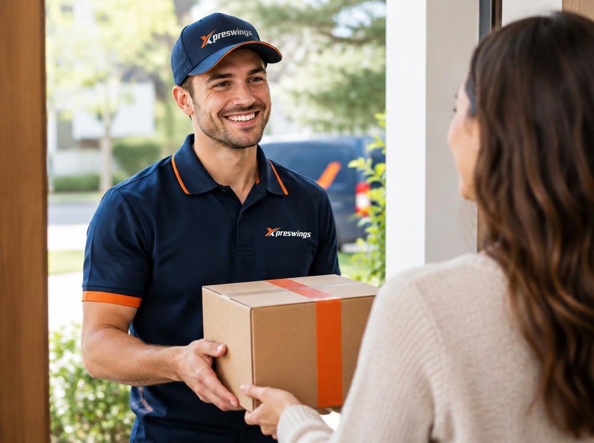 Courier delivering a parcel at a doorstep